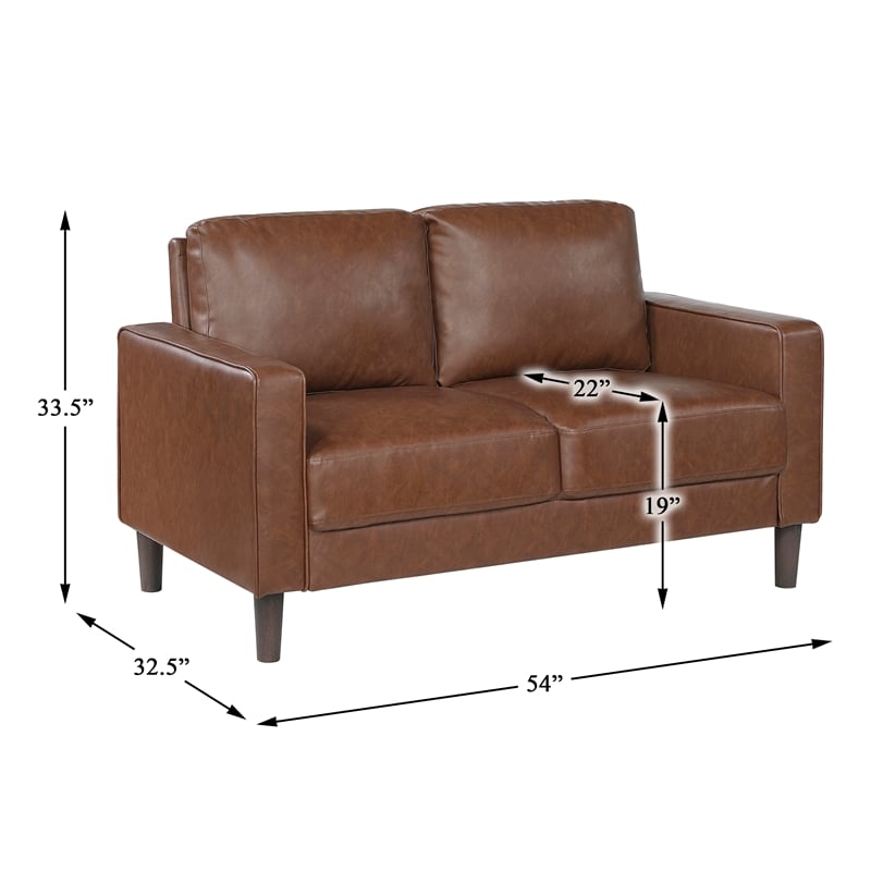 Pemberly Row Faux Leather Loveseat with Square Arms 300 lbs in Chocolate