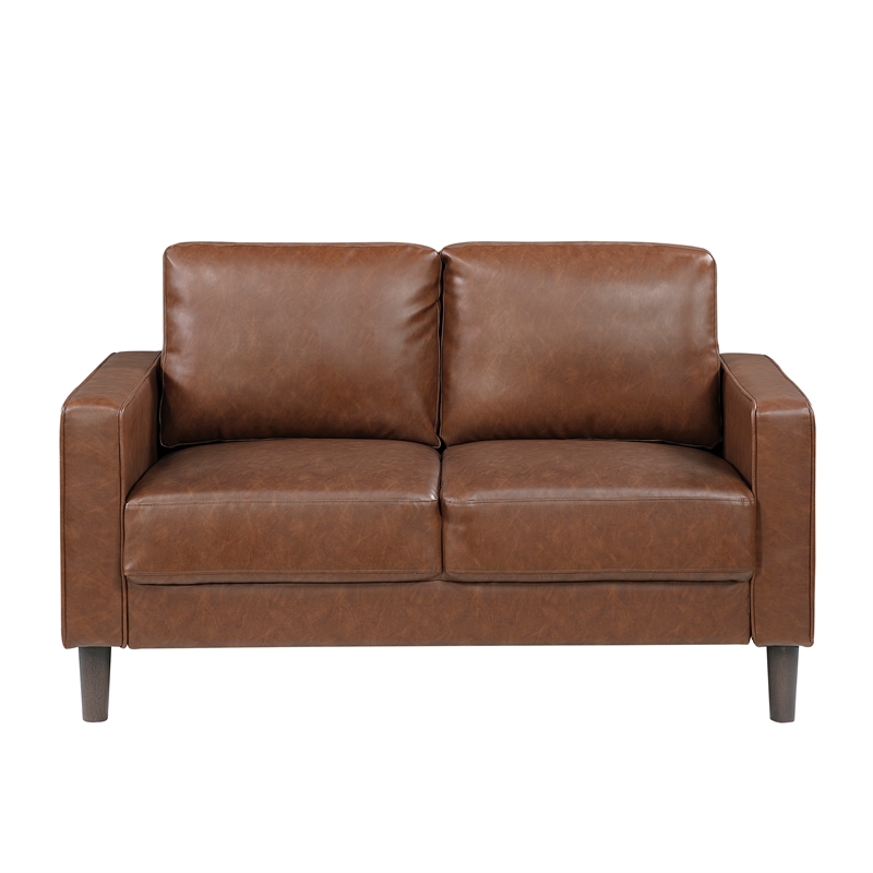 Pemberly Row Faux Leather Loveseat with Square Arms 300 lbs in Chocolate