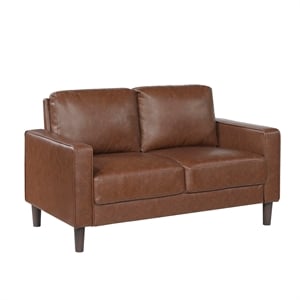 Pemberly Row Faux Leather Loveseat with Square Arms 300 lbs in Chocolate