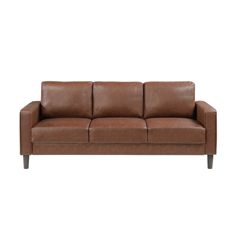 Pemberly Row Faux Leather 3-Seat Sofa with Square Arms 300 lbs in Chocolate
