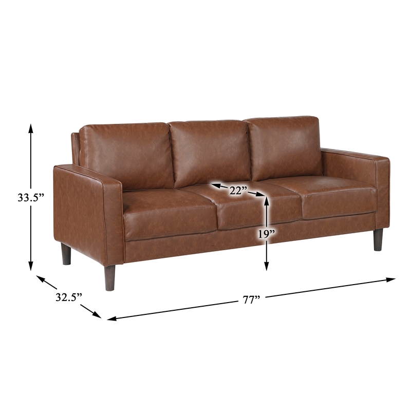 Pemberly Row Faux Leather 3-Seat Sofa with Square Arms 300 lbs in Chocolate