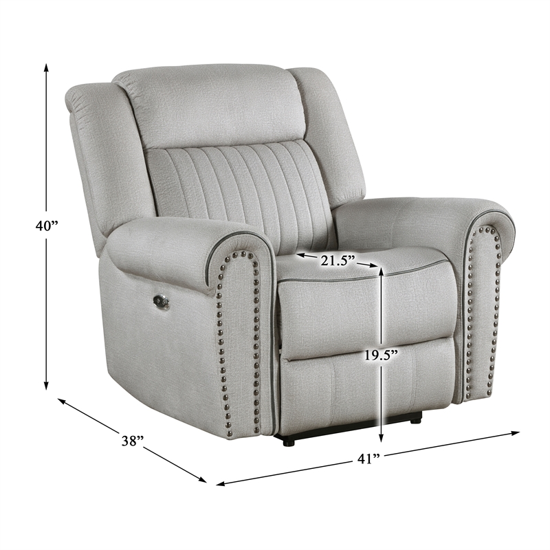 Pemberly Row Microfiber Power Reclining Chair with Nailhead Trim 300 lbs in Mist