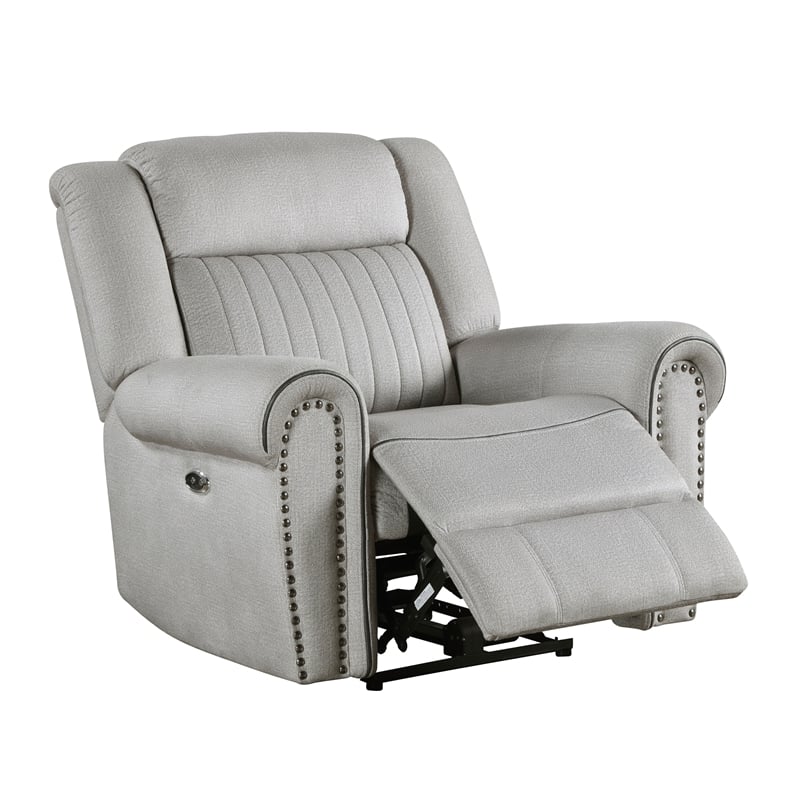 Pemberly Row Microfiber Power Reclining Chair with Nailhead Trim 300 lbs in Mist