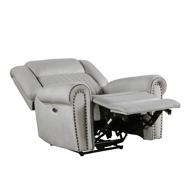 Pemberly Row Microfiber Power Reclining Chair with Nailhead Trim 300 lbs in Mist