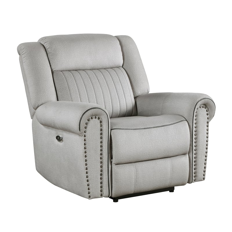 Pemberly Row Microfiber Power Reclining Chair with Nailhead Trim 300 lbs in Mist