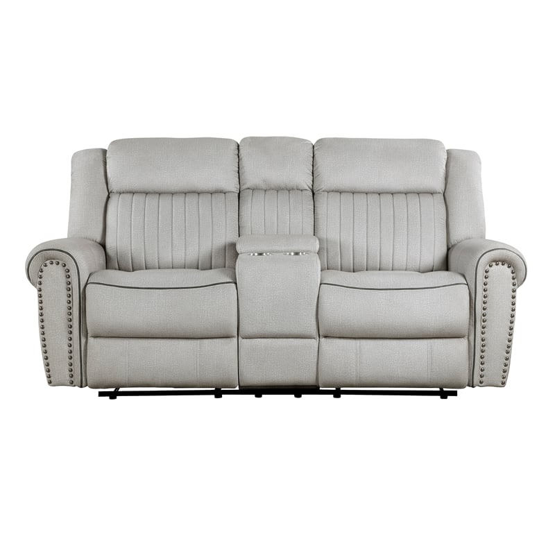Pemberly Row Microfiber Double Reclining Loveseat with Console 300 lbs in Mist