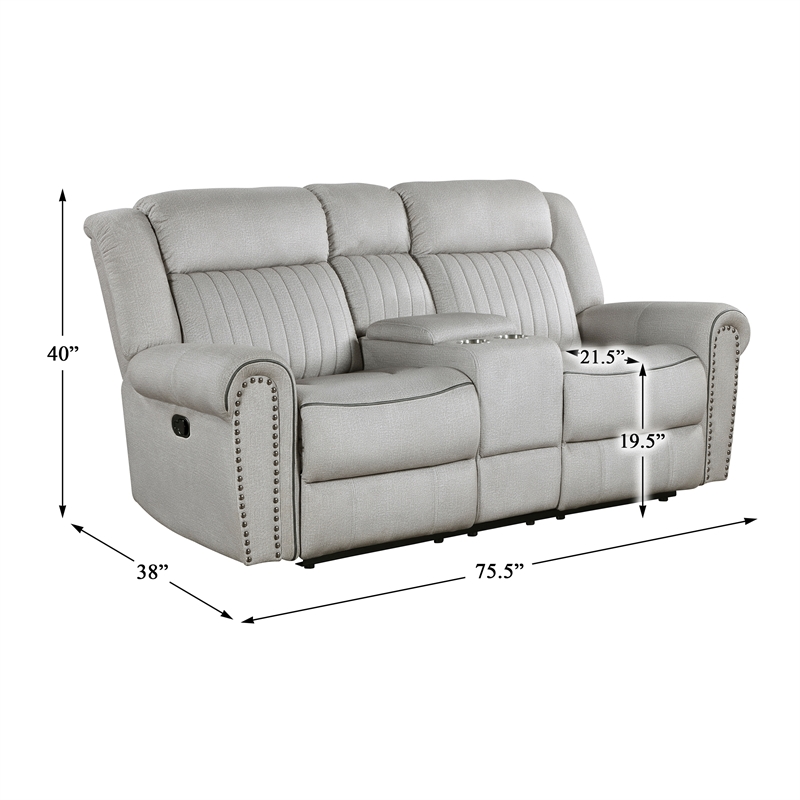 Pemberly Row Microfiber Double Reclining Loveseat with Console 300 lbs in Mist