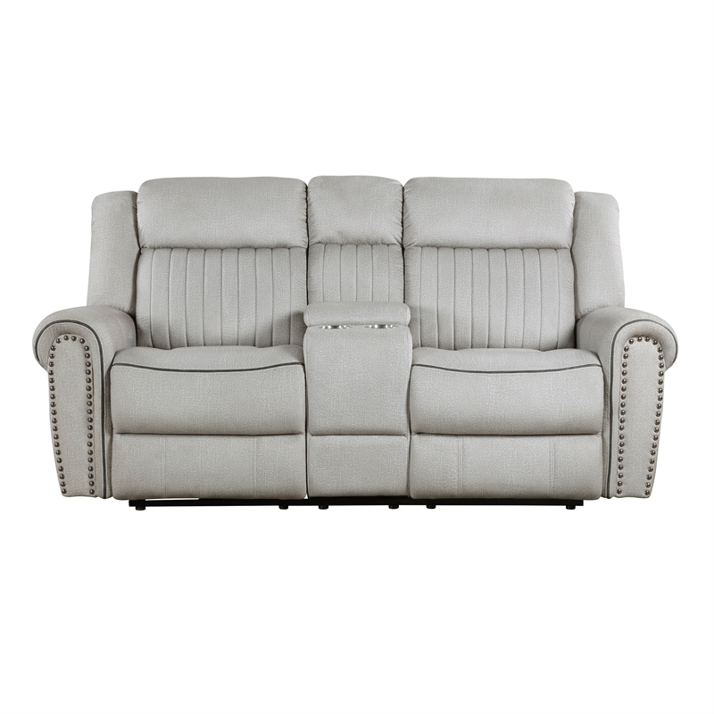Pemberly Row Power Double Reclining Loveseat with Console 300 lbs in Mist