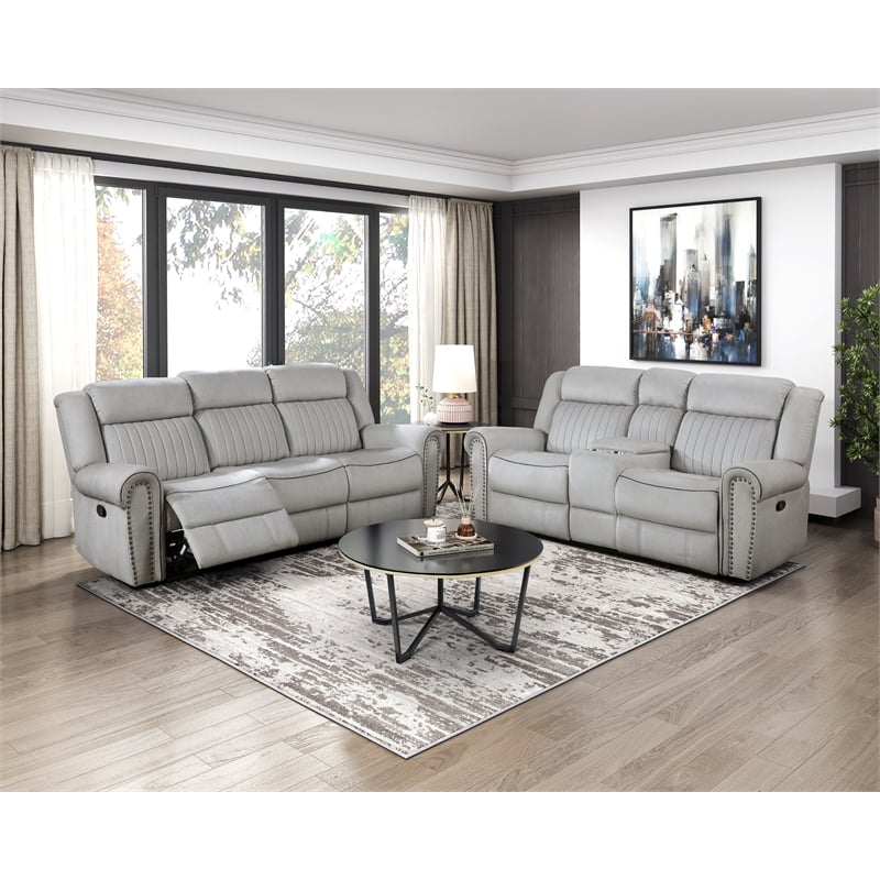 Pemberly Row Microfiber Double Reclining Sofa with Nailhead Trim in Mist