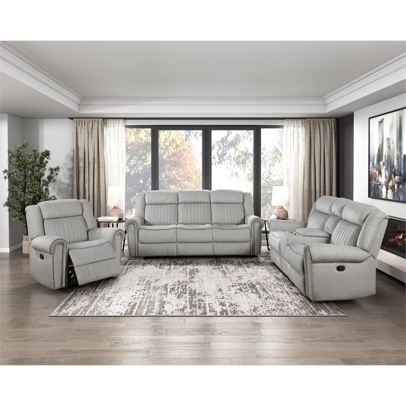 Pemberly Row Microfiber Double Reclining Sofa with Nailhead Trim in Mist
