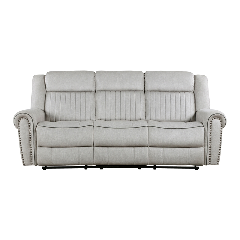 Pemberly Row Microfiber Double Reclining Sofa with Nailhead Trim in Mist