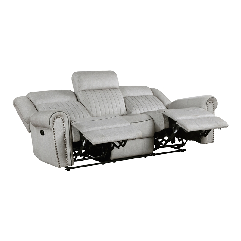 Pemberly Row Microfiber Double Reclining Sofa with Nailhead Trim in Mist