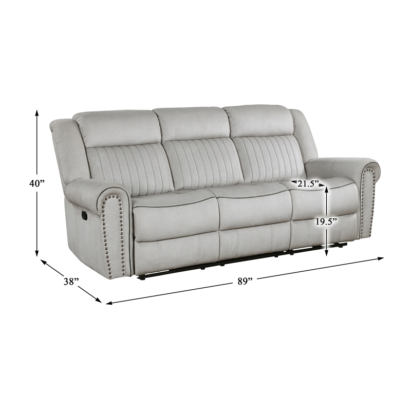 Pemberly Row Microfiber Double Reclining Sofa with Nailhead Trim in Mist