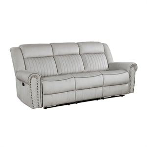 Pemberly Row Microfiber Double Reclining Sofa with Nailhead Trim in Mist