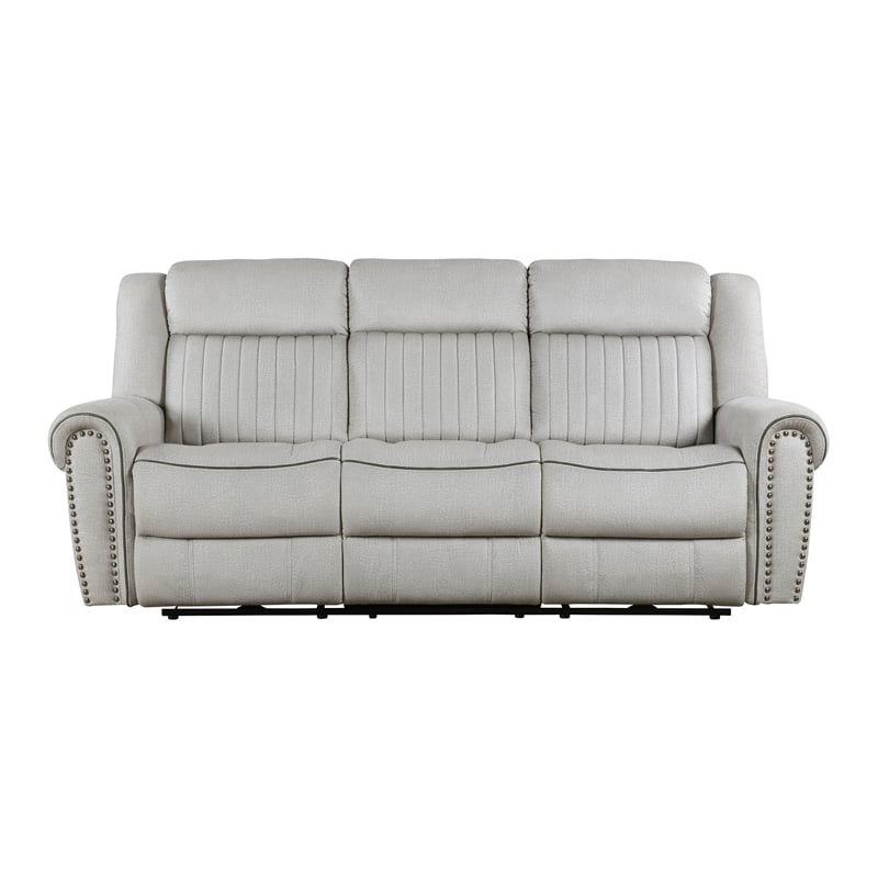 Pemberly Row Microfiber Power Double Reclining Sofa with Nailhead in Mist