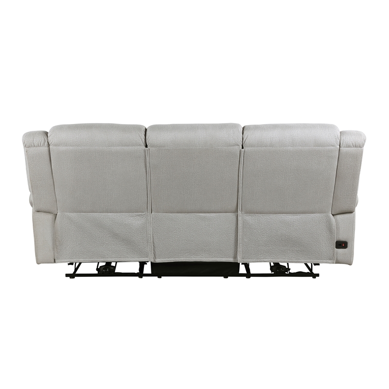 Pemberly Row Microfiber Power Double Reclining Sofa with Nailhead in Mist