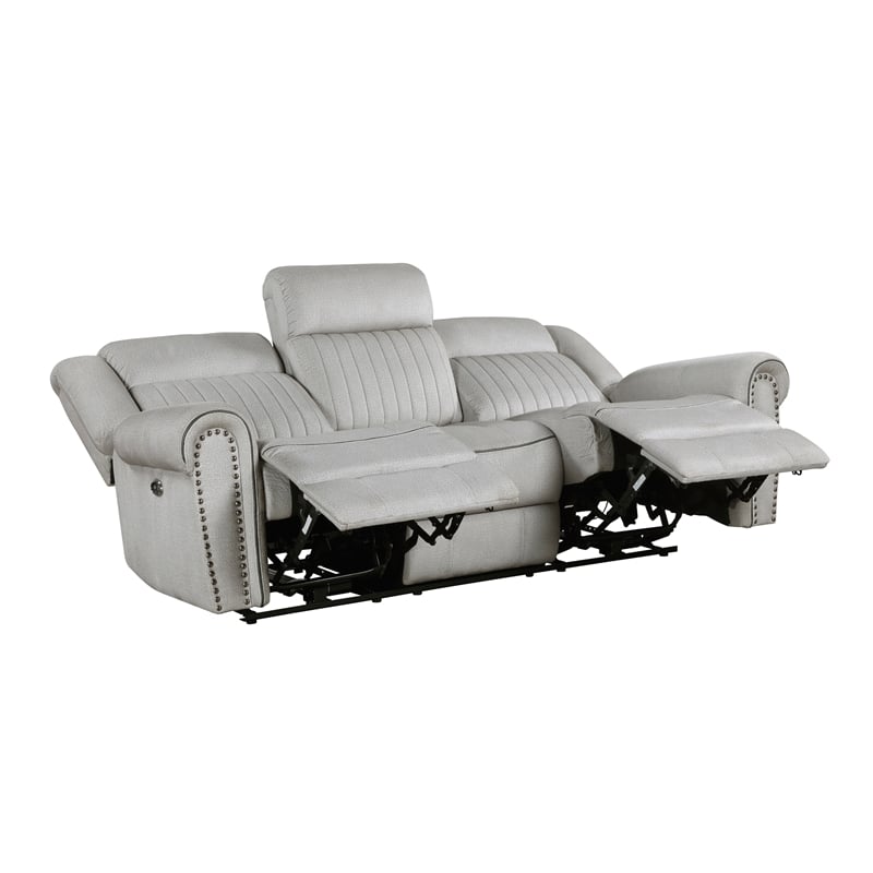 Pemberly Row Microfiber Power Double Reclining Sofa with Nailhead in Mist