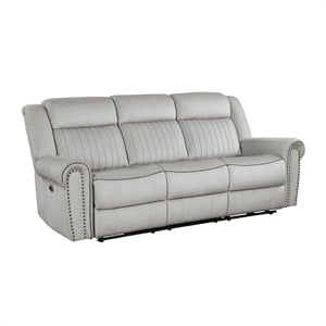 Pemberly Row Microfiber Power Double Reclining Sofa with Nailhead in Mist