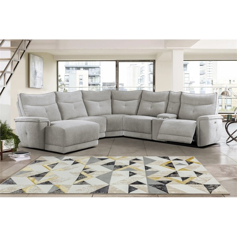 Pemberly Row 6-Piece Fabric Sectional with Recliner Chaise & Console - Mist Gray