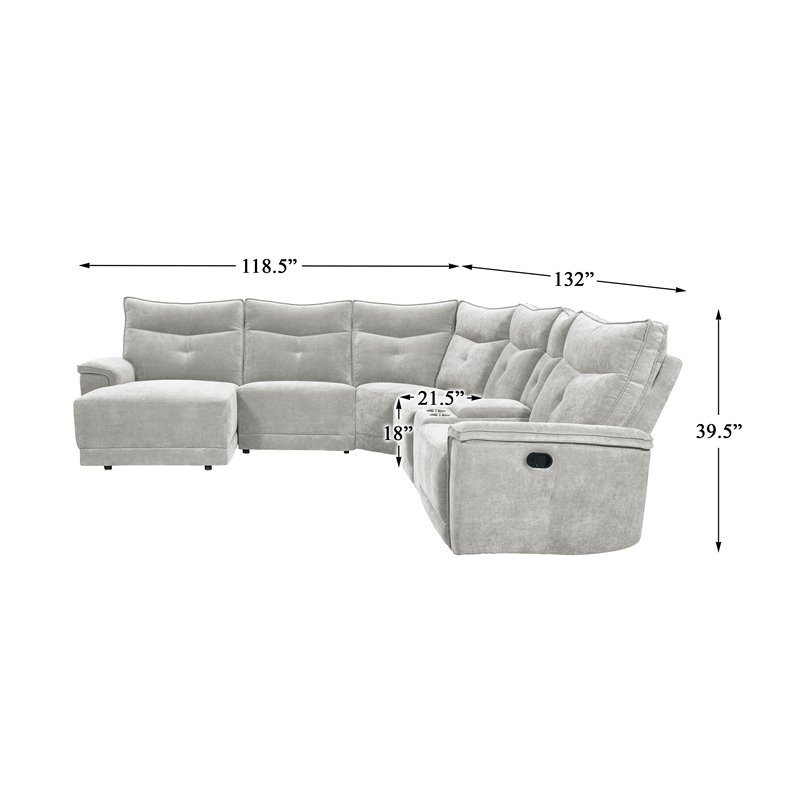 Pemberly Row 6-Piece Fabric Sectional with Recliner Chaise & Console - Mist Gray