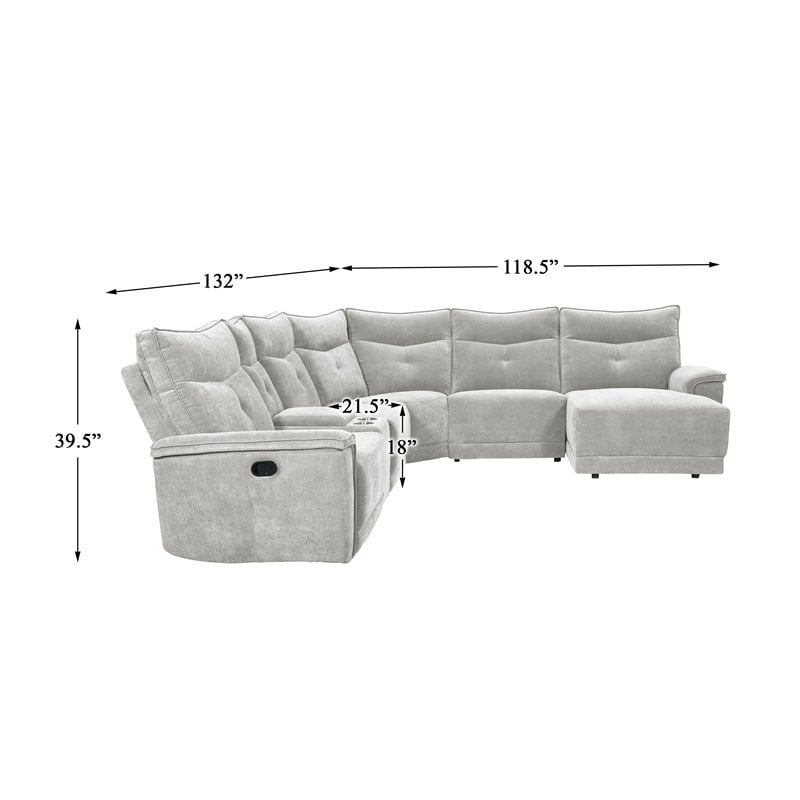 Pemberly Row 6-Piece Sectional with 2 Recliners Chaise & Console in Mist Gray