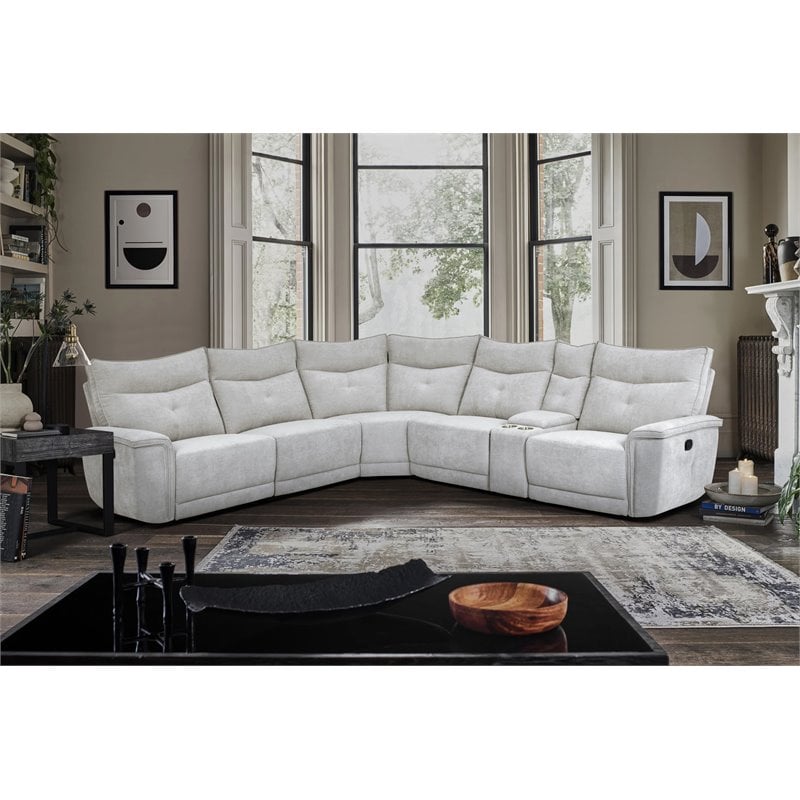 Pemberly Row 6-Piece Fabric Sectional with 3 Recliners and Console in Mist Gray