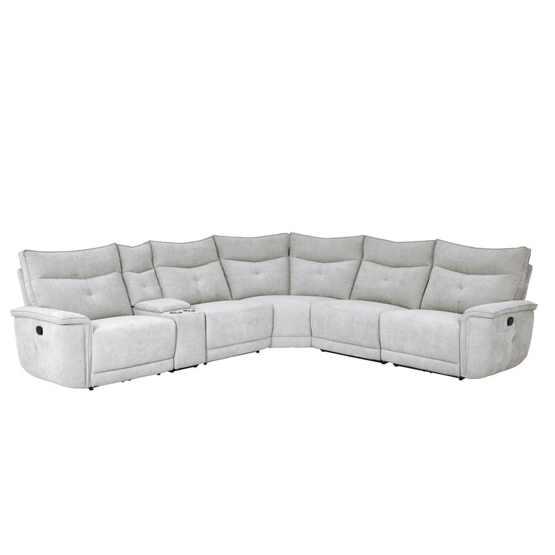 Pemberly Row 6-Piece Fabric Sectional with 3 Recliners and Console in Mist Gray