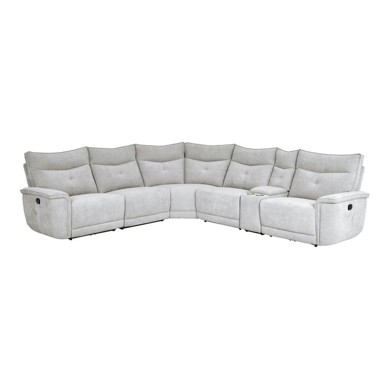 Pemberly Row 6-Piece Fabric Sectional with 3 Recliners and Console in Mist Gray