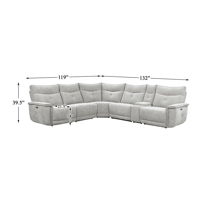 Pemberly Row 6-Piece Power Sectional with 3 Recliners USB Console in Mist Gray