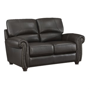 Pemberly Row 21.5&quot Top Grain Leather Loveseat with Nailhead Trim in Dark Brown