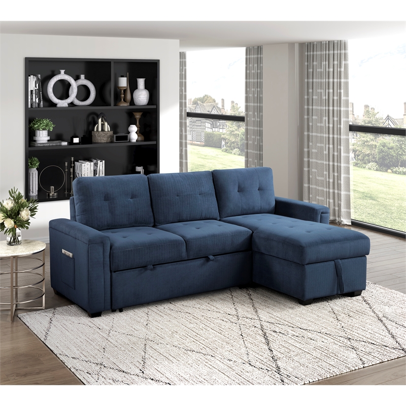 Pemberly Row Textured Reversible Sectional with Pull-Out Bed and Storage in Blue