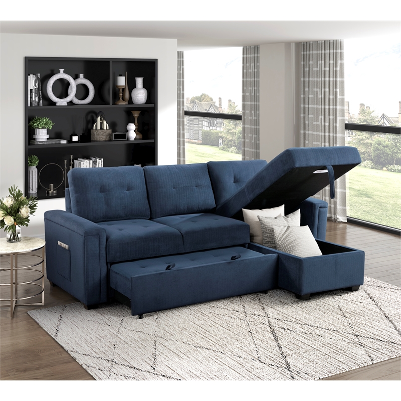 Pemberly Row Textured Reversible Sectional with Pull-Out Bed and Storage in Blue