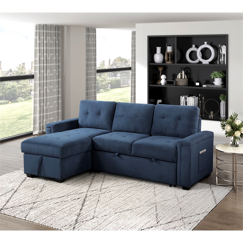 Pemberly Row Textured Reversible Sectional with Pull-Out Bed and Storage in Blue