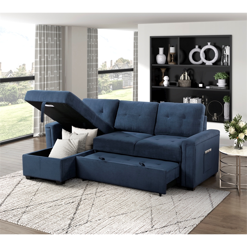 Pemberly Row Textured Reversible Sectional with Pull-Out Bed and Storage in Blue