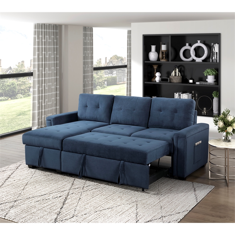 Pemberly Row Textured Reversible Sectional with Pull-Out Bed and Storage in Blue