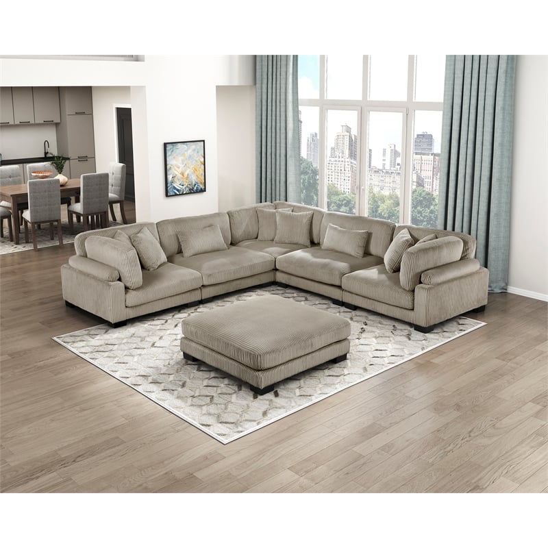 Pemberly Row Corduroy 6-Piece Modular Sectional with Ottoman 8 Pillows in Taupe