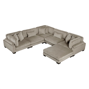 Pemberly Row Corduroy 6-Piece Modular Sectional with Ottoman 8 Pillows in Taupe