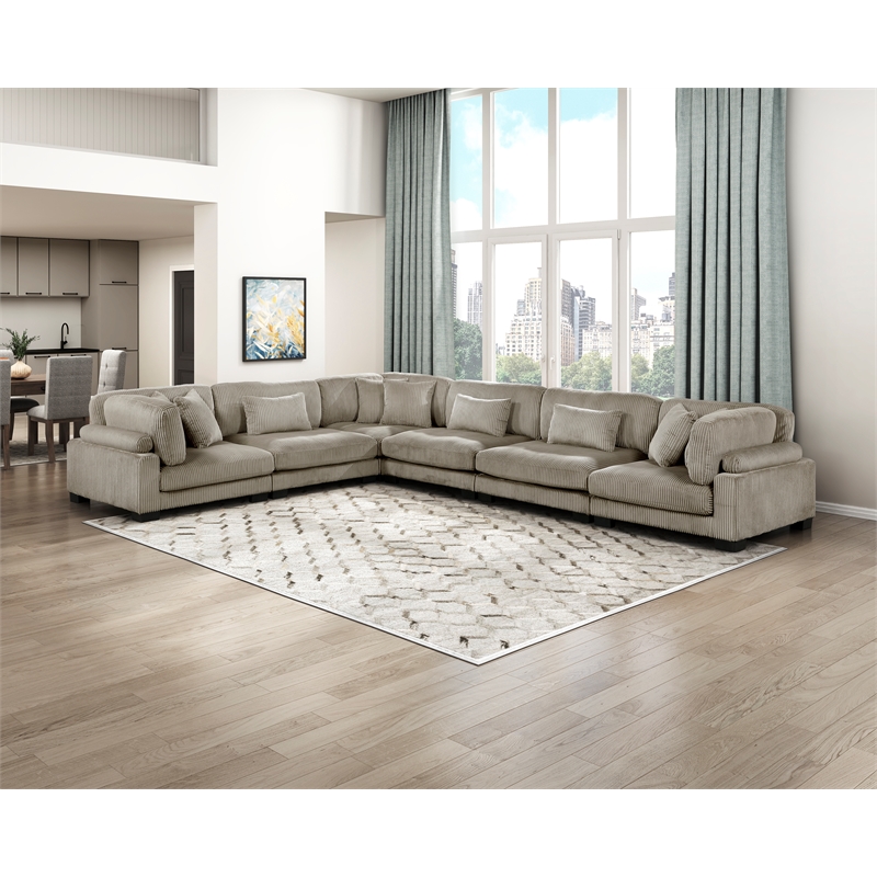 Pemberly Row Corduroy 6-Piece Modular Sectional with 9 Pillows 300 lbs in Taupe