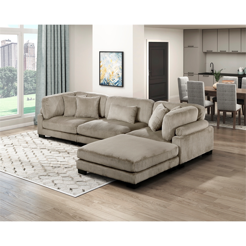 Pemberly Row Corduroy 4-Piece Modular Sectional with Ottoman 5 Pillows in Taupe