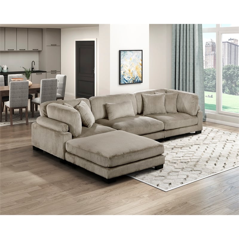Pemberly Row Corduroy 4-Piece Modular Sectional with Ottoman 5 Pillows in Taupe