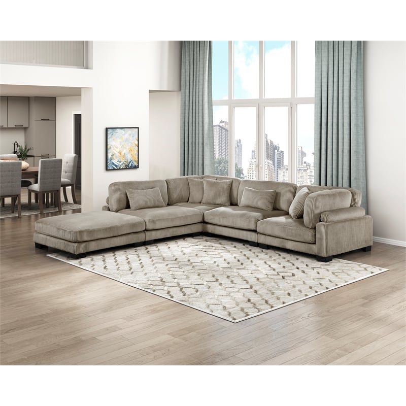 Pemberly Row Corduroy 5-Piece Modular Sectional with Ottoman 6 Pillows in Taupe