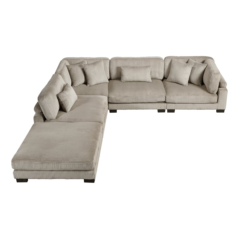Pemberly Row Corduroy 5-Piece Modular Sectional with Ottoman 6 Pillows in Taupe