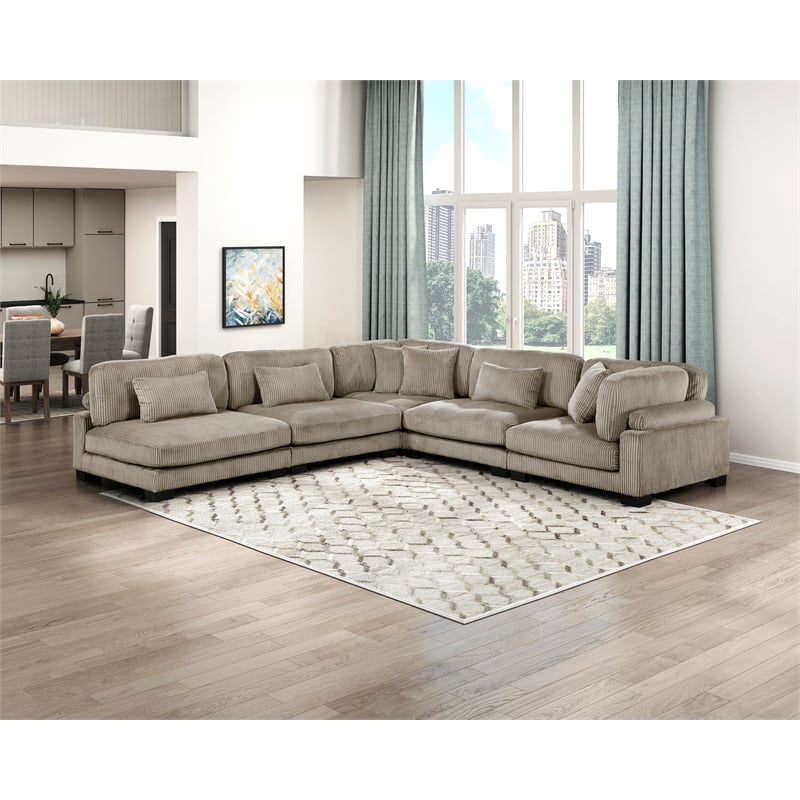 Pemberly Row Corduroy 5-Piece Modular Sectional with 7 Pillows 300 lbs in Taupe