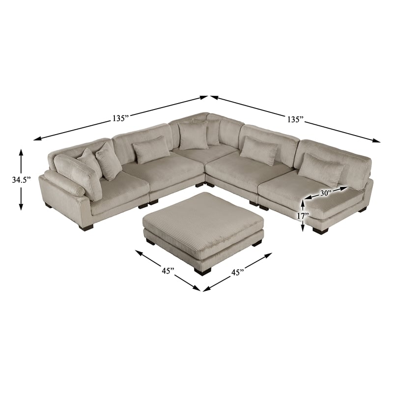 Pemberly Row Corduroy 6-Piece Modular Sectional with Ottoman 7 Pillows in Taupe