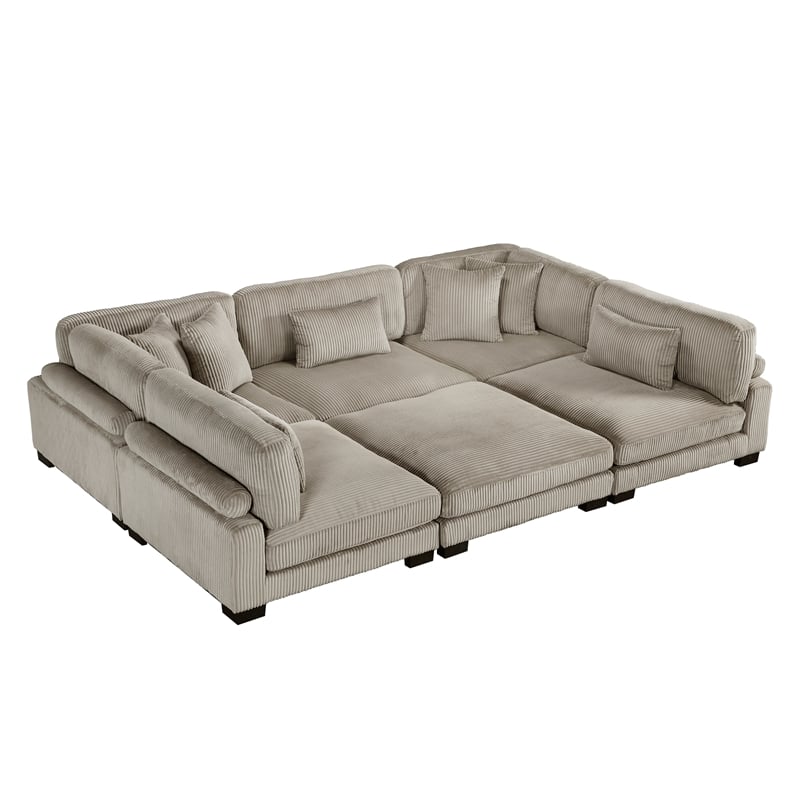 Pemberly Row Corduroy 6-Piece Modular Sectional with Ottoman 7 Pillows in Taupe