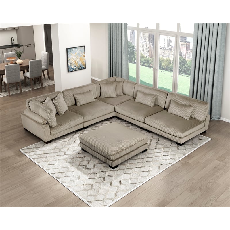 Pemberly Row Corduroy 6-Piece Modular Sectional with Ottoman 7 Pillows in Taupe