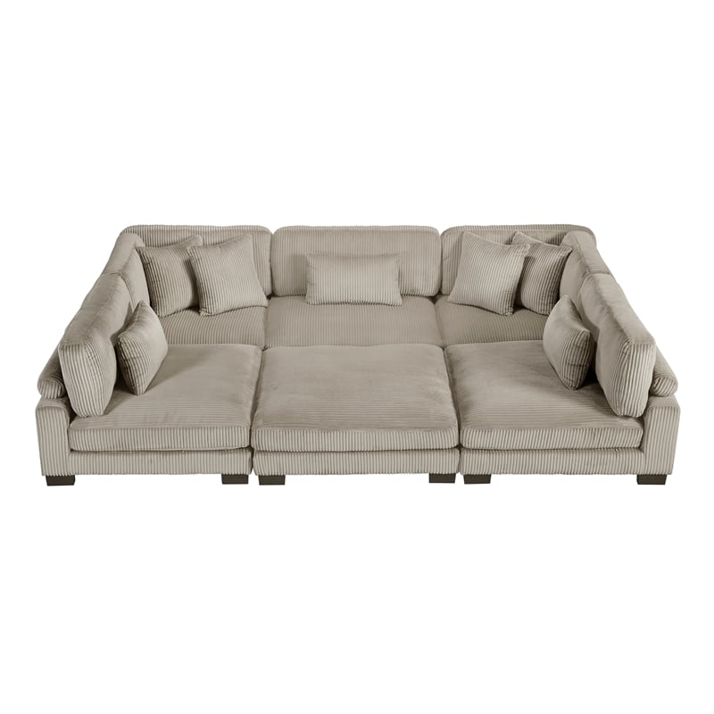 Pemberly Row Corduroy 6-Piece Modular Sectional with Ottoman 7 Pillows in Taupe