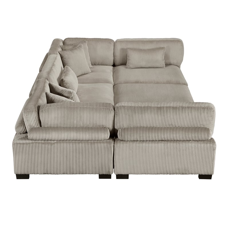 Pemberly Row Corduroy 6-Piece Modular Sectional with Ottoman 7 Pillows in Taupe