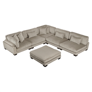 Pemberly Row Corduroy 6-Piece Modular Sectional with Ottoman 7 Pillows in Taupe