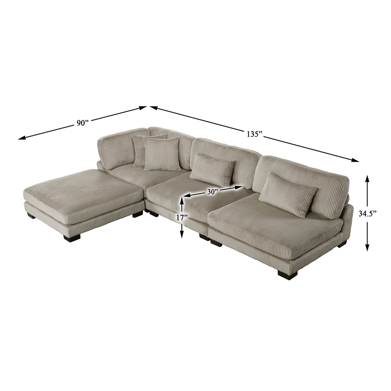 Pemberly Row Corduroy 4-Piece Modular Sectional with Ottoman 4 Pillows in Taupe